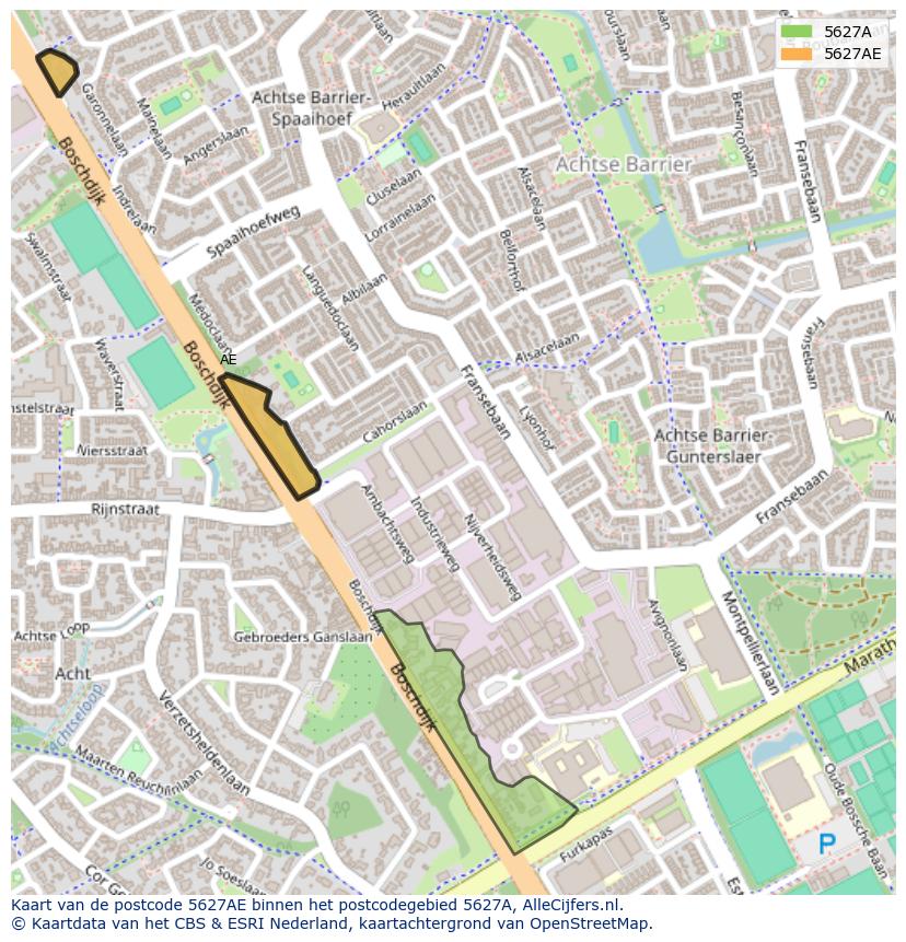 Afbeelding van het postcodegebied 5627 AE op de kaart.