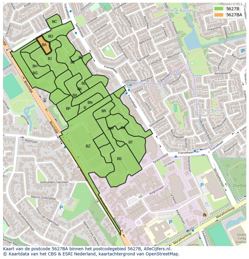 Afbeelding van het postcodegebied 5627 BA op de kaart.