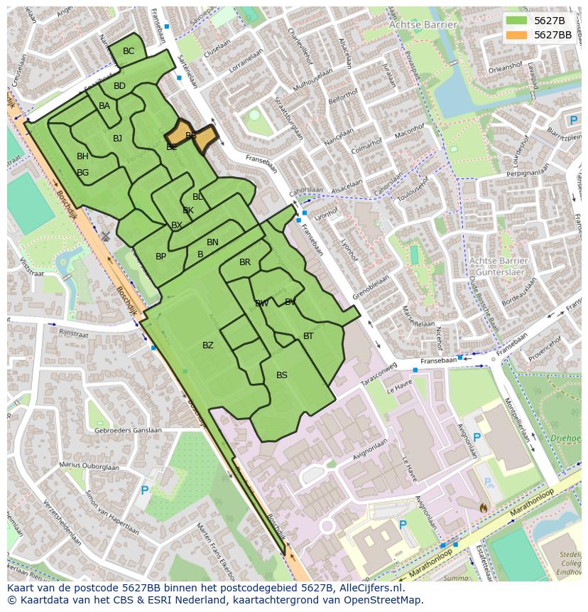 Afbeelding van het postcodegebied 5627 BB op de kaart.