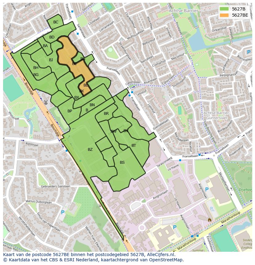 Afbeelding van het postcodegebied 5627 BE op de kaart.