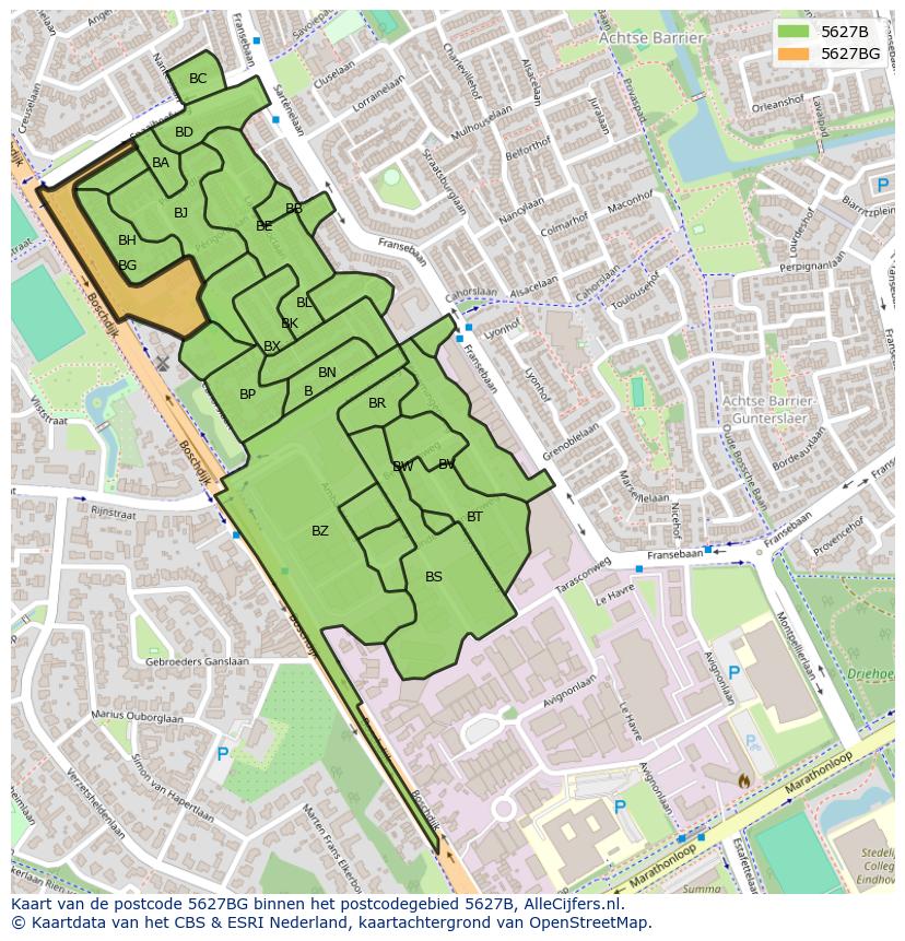 Afbeelding van het postcodegebied 5627 BG op de kaart.