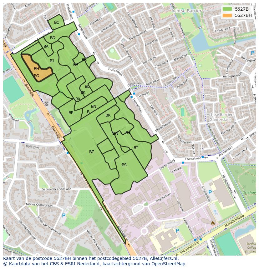 Afbeelding van het postcodegebied 5627 BH op de kaart.