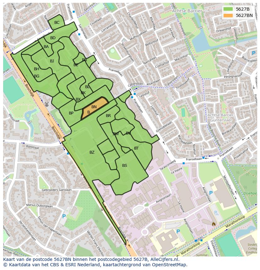 Afbeelding van het postcodegebied 5627 BN op de kaart.