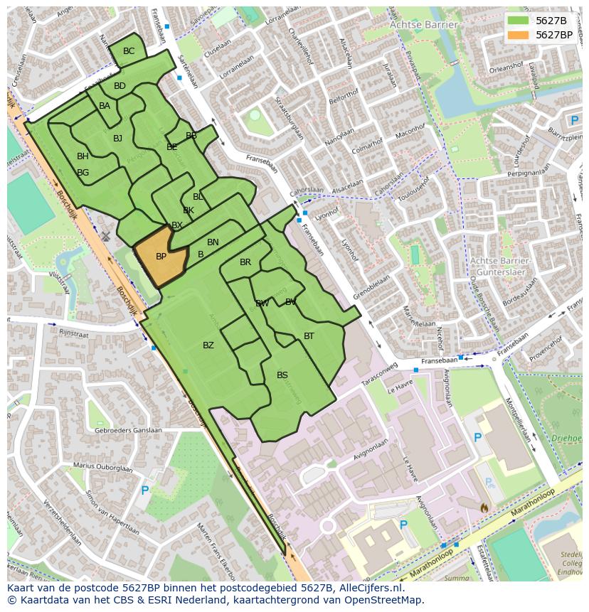 Afbeelding van het postcodegebied 5627 BP op de kaart.