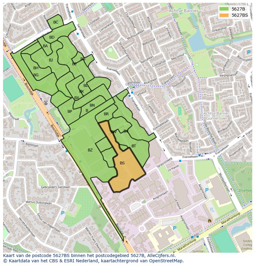 Afbeelding van het postcodegebied 5627 BS op de kaart.