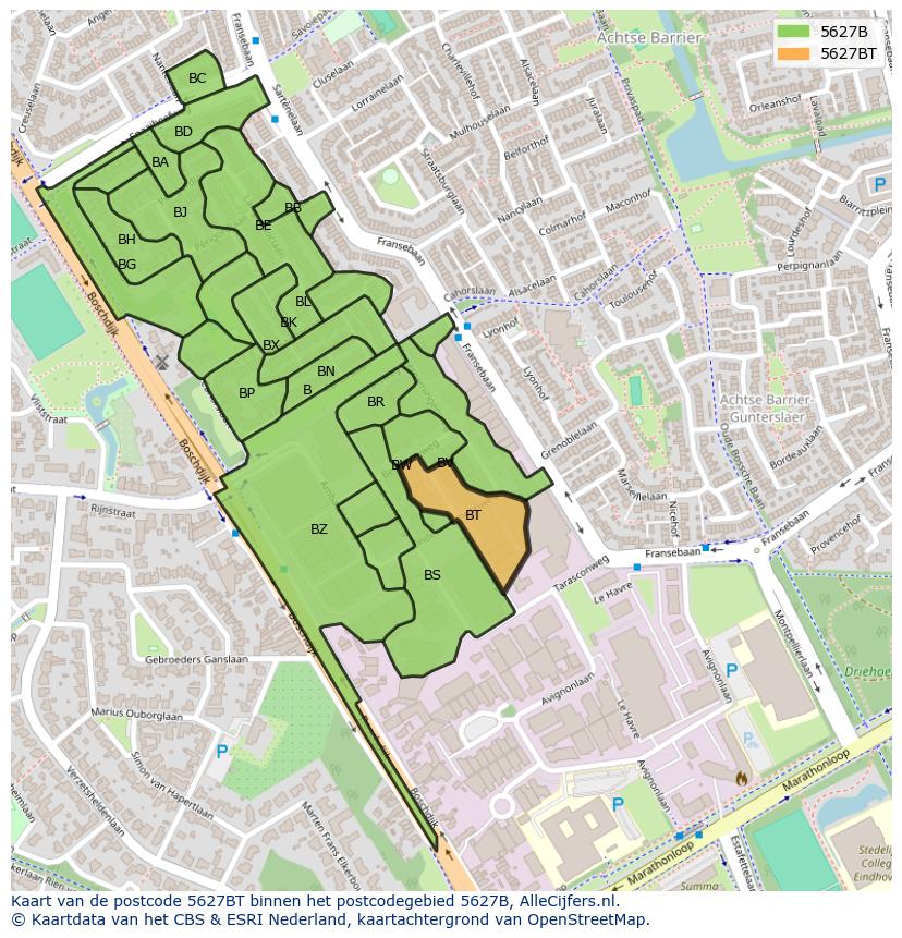 Afbeelding van het postcodegebied 5627 BT op de kaart.