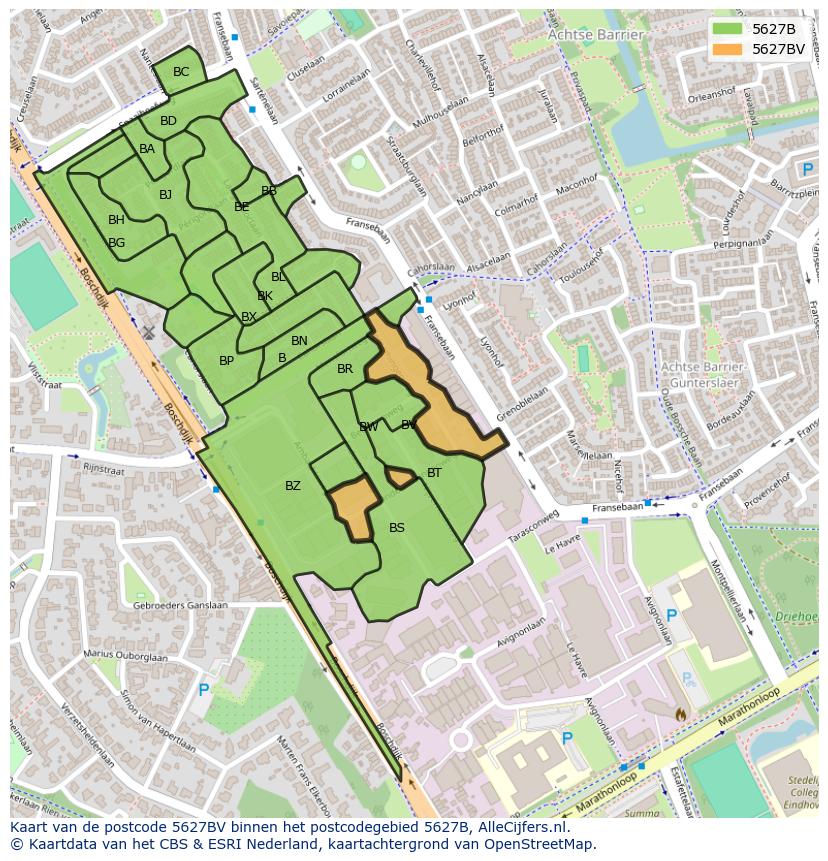 Afbeelding van het postcodegebied 5627 BV op de kaart.