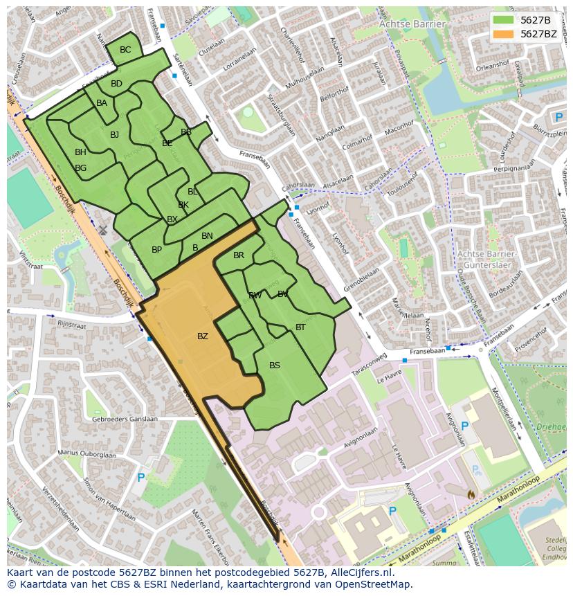 Afbeelding van het postcodegebied 5627 BZ op de kaart.