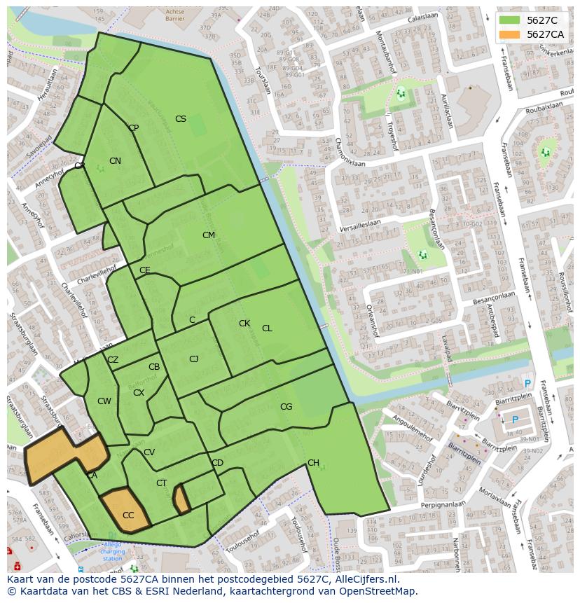 Afbeelding van het postcodegebied 5627 CA op de kaart.