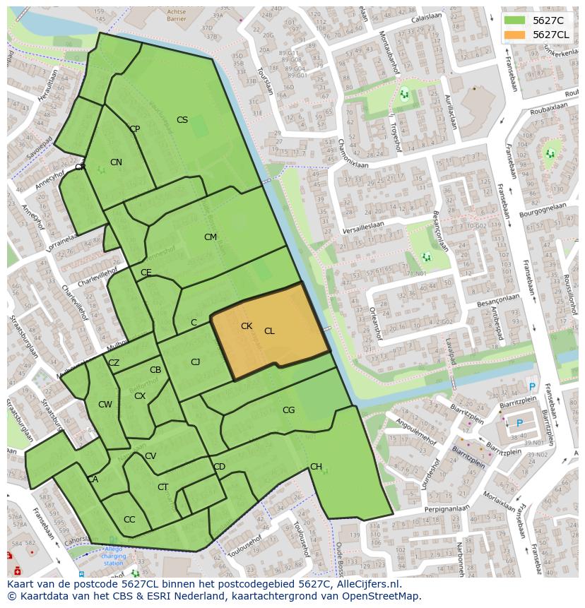 Afbeelding van het postcodegebied 5627 CL op de kaart.