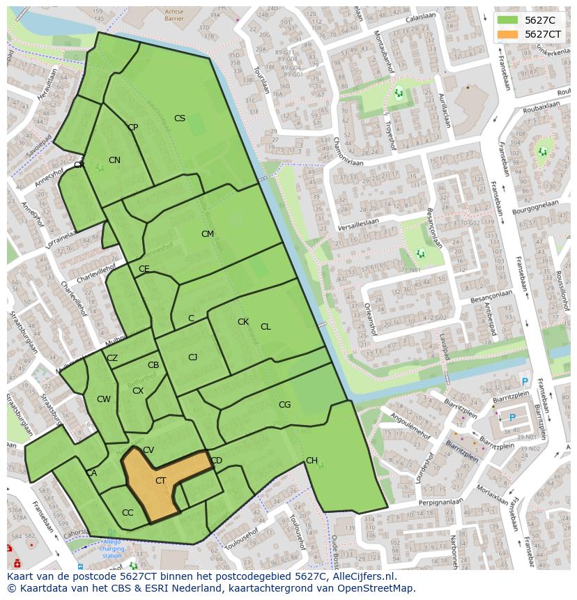 Afbeelding van het postcodegebied 5627 CT op de kaart.