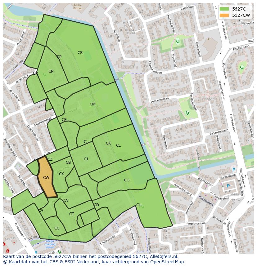 Afbeelding van het postcodegebied 5627 CW op de kaart.