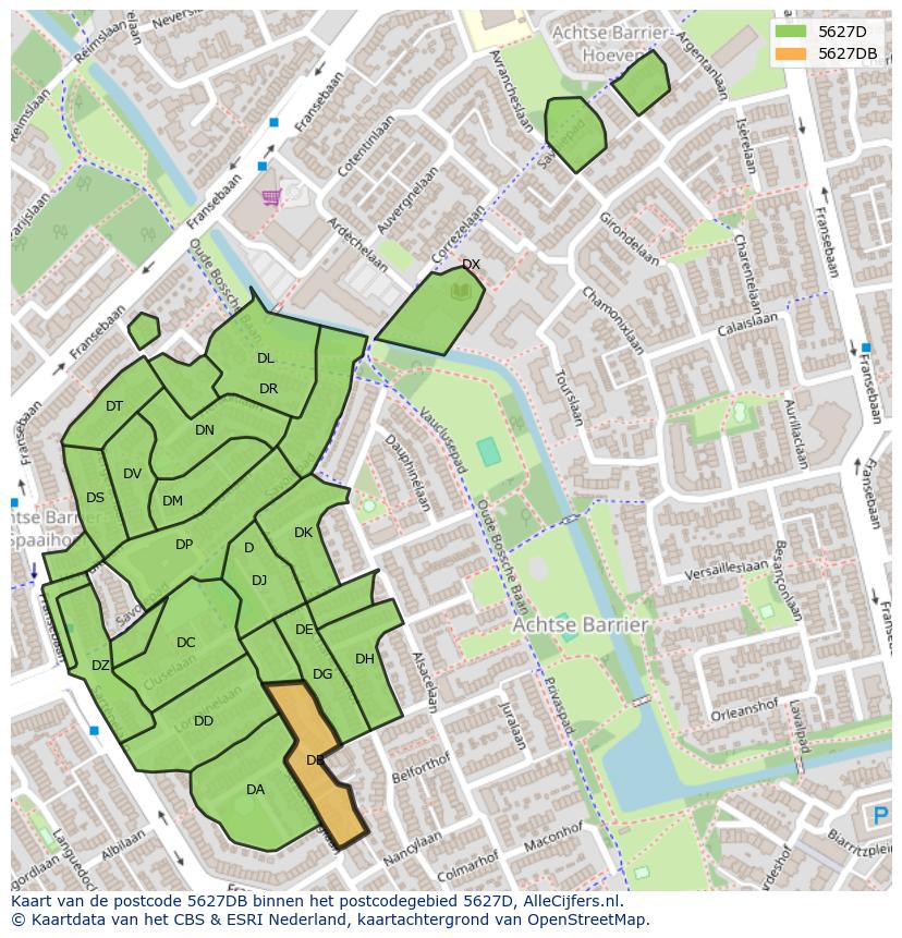 Afbeelding van het postcodegebied 5627 DB op de kaart.