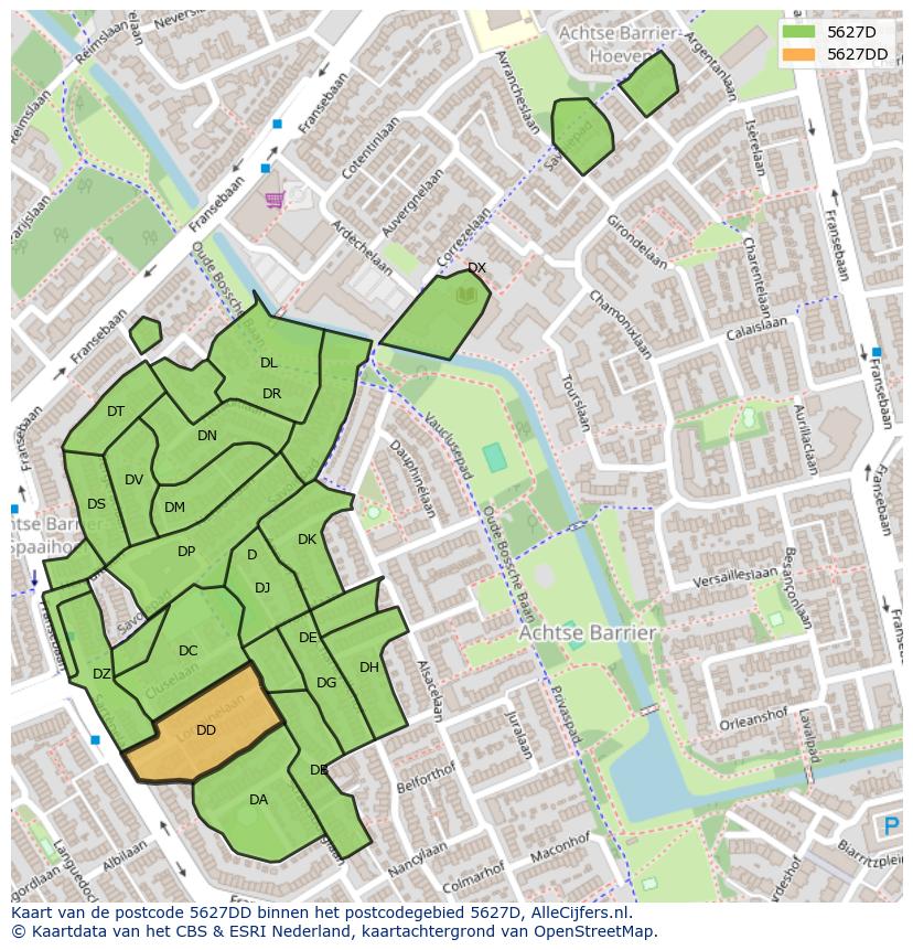 Afbeelding van het postcodegebied 5627 DD op de kaart.
