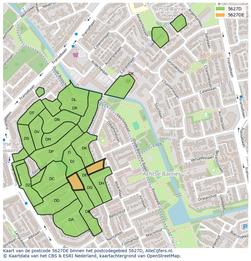 Afbeelding van het postcodegebied 5627 DE op de kaart.