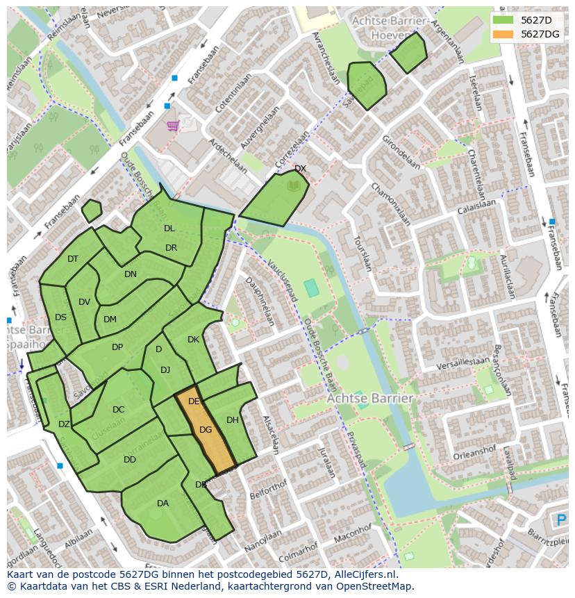 Afbeelding van het postcodegebied 5627 DG op de kaart.