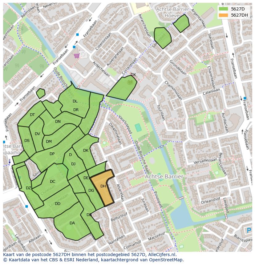 Afbeelding van het postcodegebied 5627 DH op de kaart.