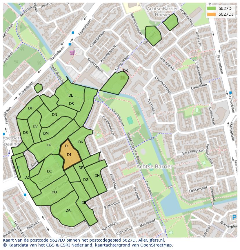 Afbeelding van het postcodegebied 5627 DJ op de kaart.