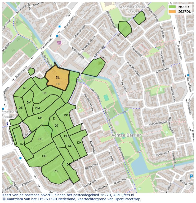 Afbeelding van het postcodegebied 5627 DL op de kaart.