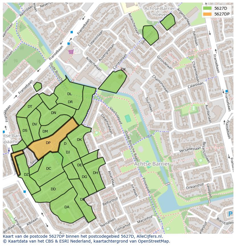 Afbeelding van het postcodegebied 5627 DP op de kaart.