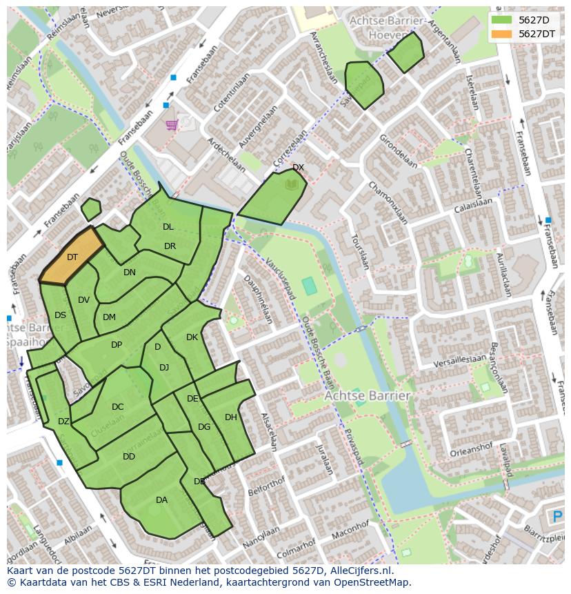 Afbeelding van het postcodegebied 5627 DT op de kaart.