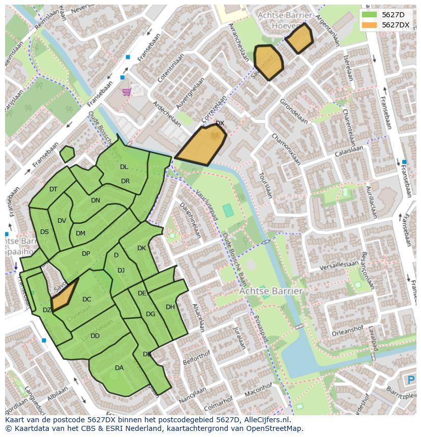 Afbeelding van het postcodegebied 5627 DX op de kaart.