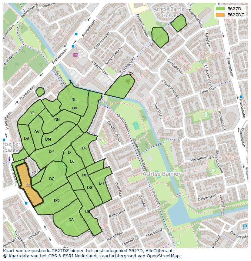 Afbeelding van het postcodegebied 5627 DZ op de kaart.