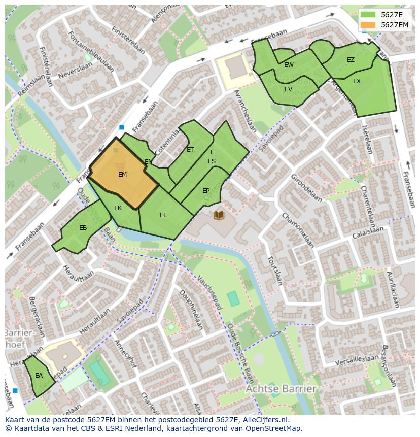 Afbeelding van het postcodegebied 5627 EM op de kaart.