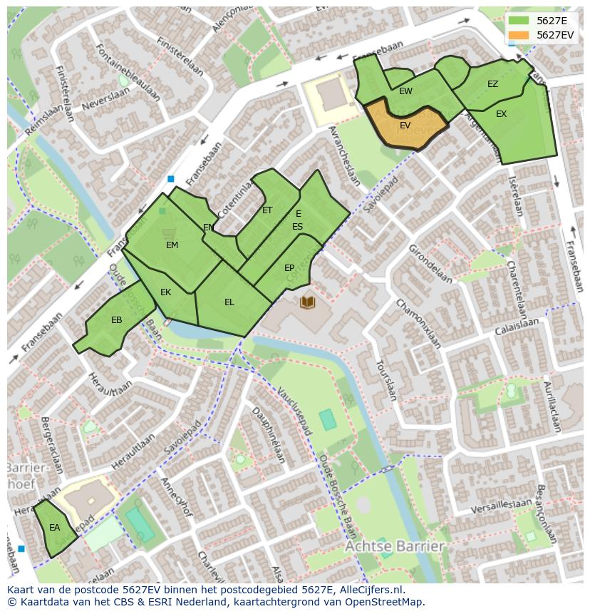 Afbeelding van het postcodegebied 5627 EV op de kaart.