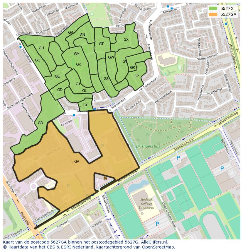 Afbeelding van het postcodegebied 5627 GA op de kaart.