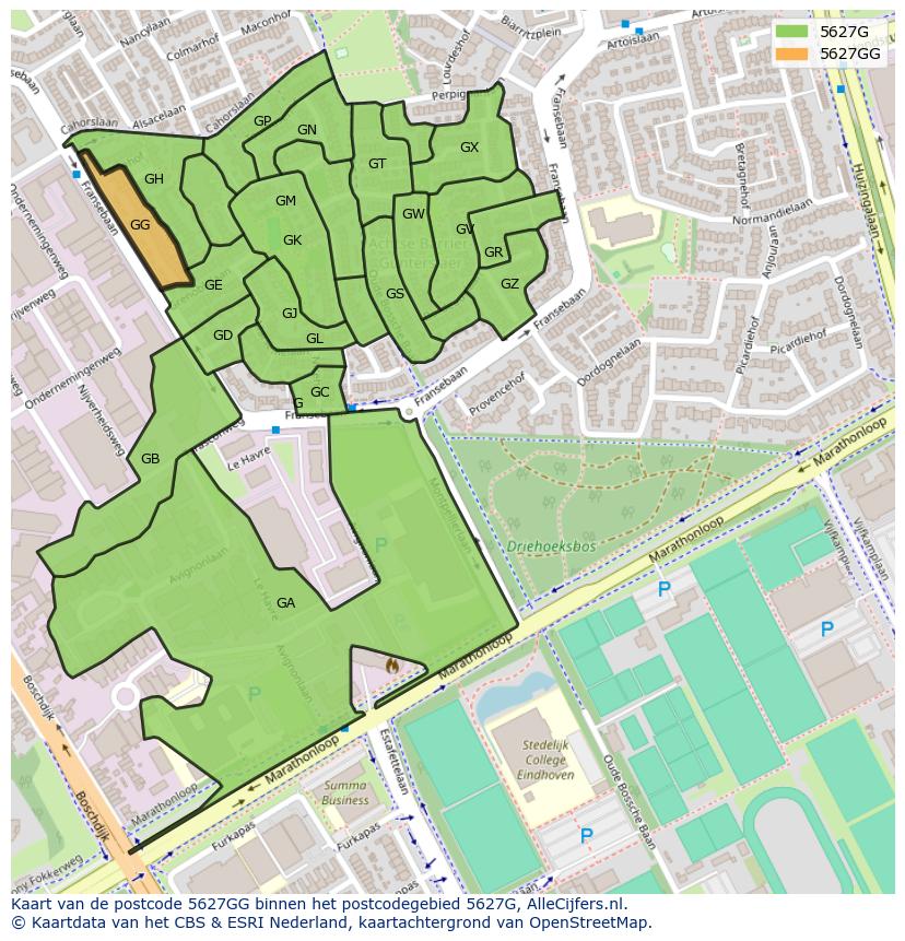 Afbeelding van het postcodegebied 5627 GG op de kaart.