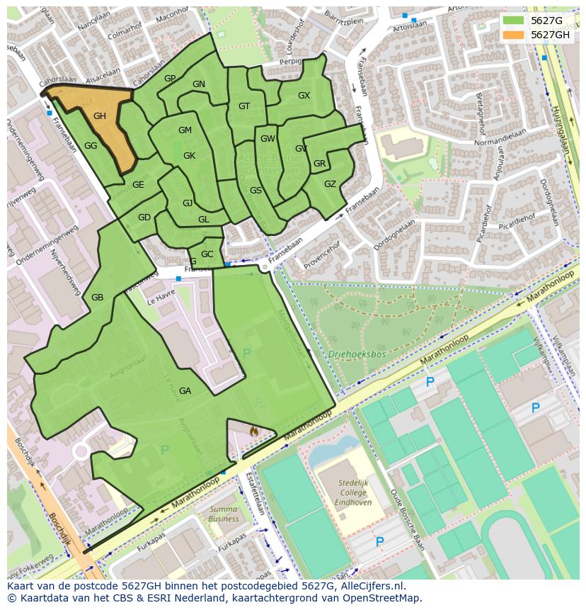 Afbeelding van het postcodegebied 5627 GH op de kaart.