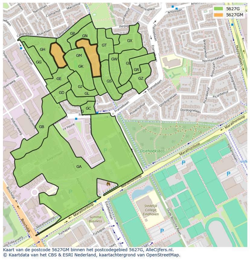 Afbeelding van het postcodegebied 5627 GM op de kaart.