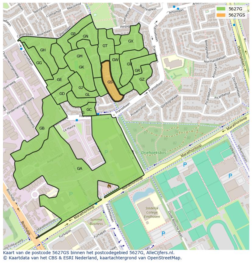 Afbeelding van het postcodegebied 5627 GS op de kaart.