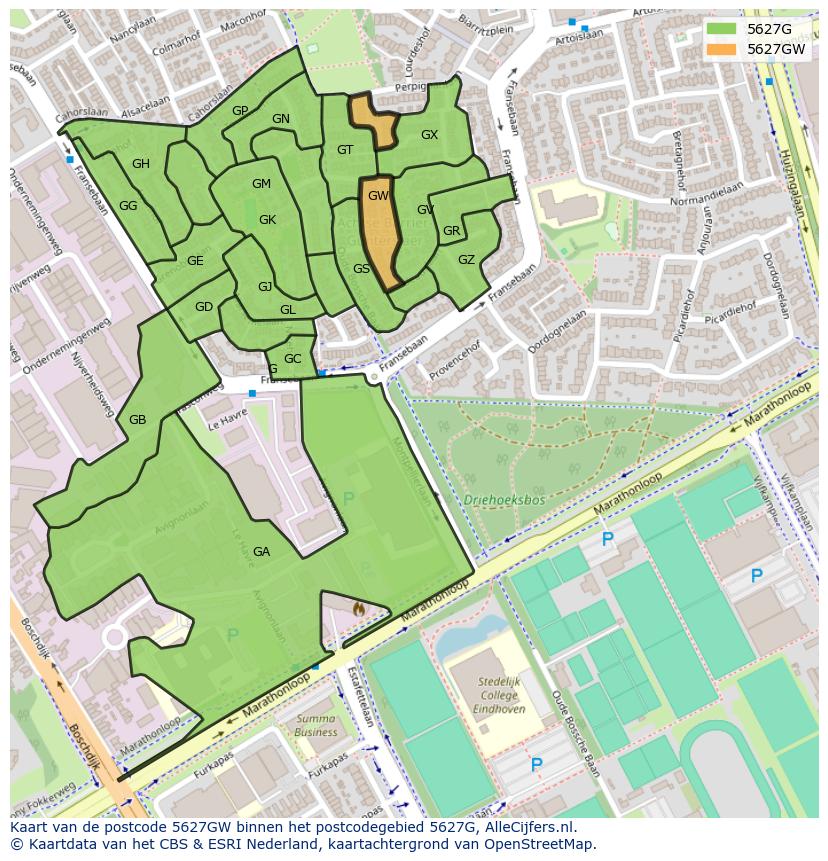 Afbeelding van het postcodegebied 5627 GW op de kaart.