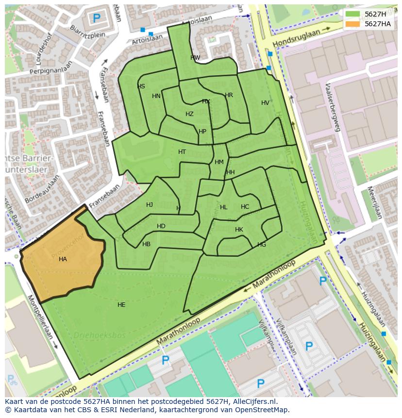 Afbeelding van het postcodegebied 5627 HA op de kaart.