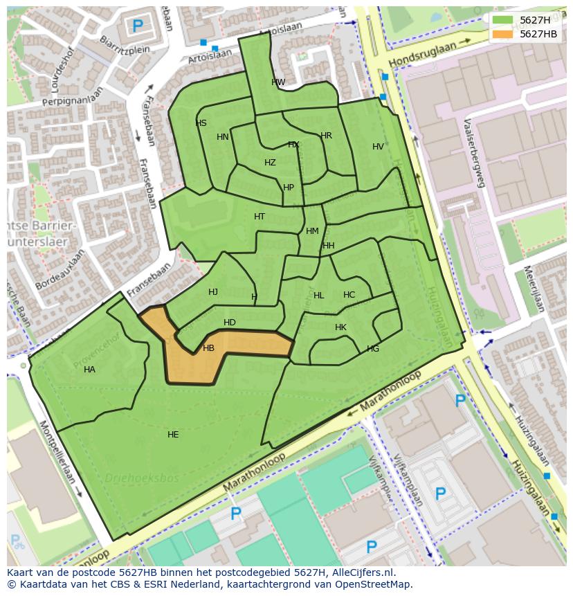 Afbeelding van het postcodegebied 5627 HB op de kaart.