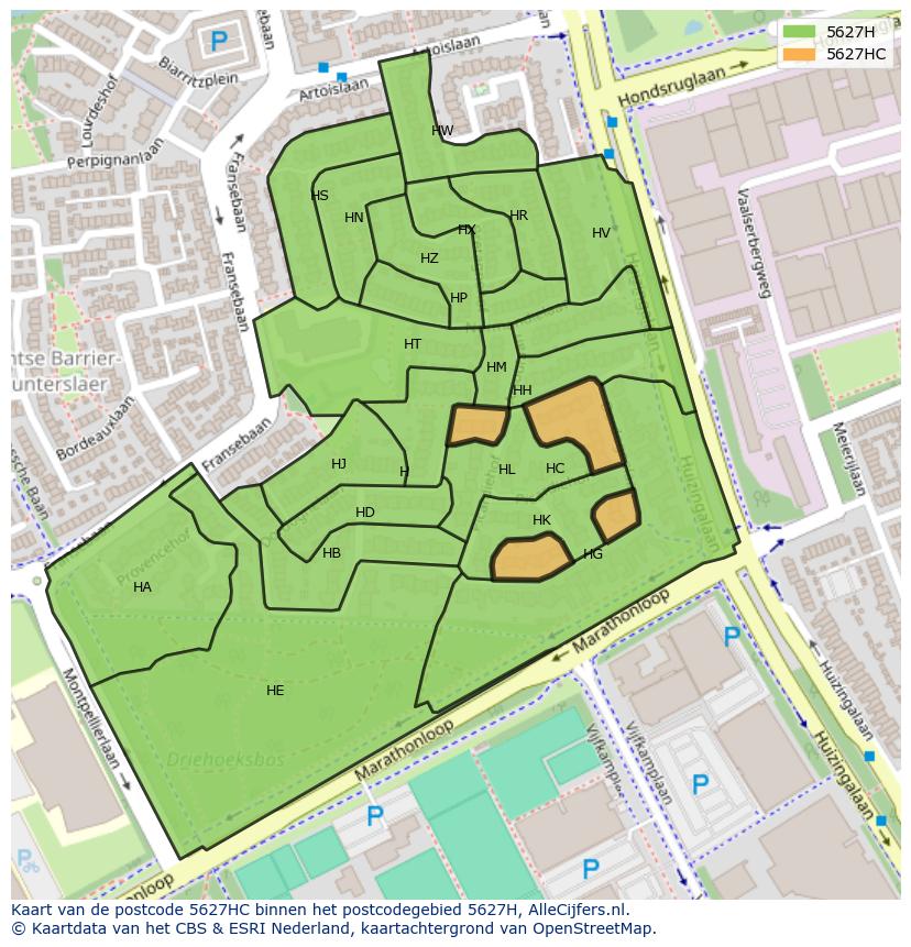 Afbeelding van het postcodegebied 5627 HC op de kaart.