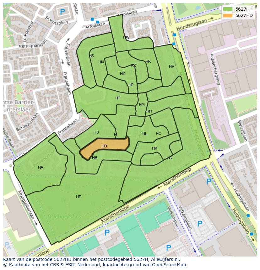 Afbeelding van het postcodegebied 5627 HD op de kaart.