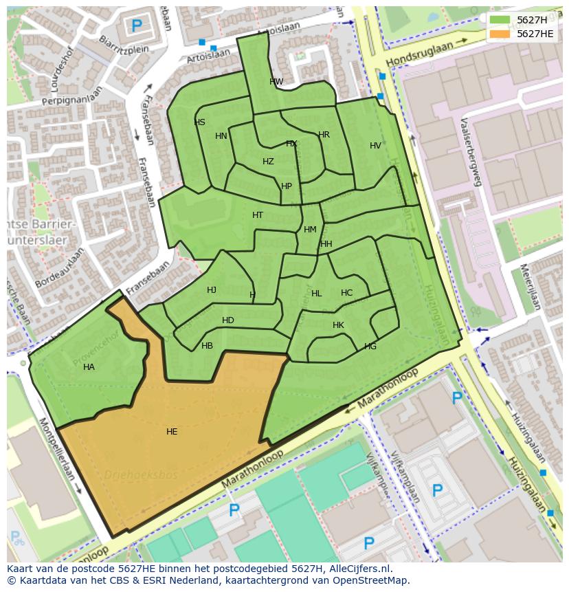 Afbeelding van het postcodegebied 5627 HE op de kaart.