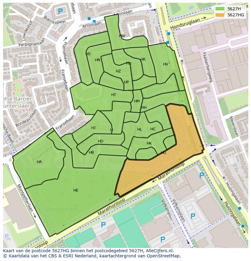 Afbeelding van het postcodegebied 5627 HG op de kaart.