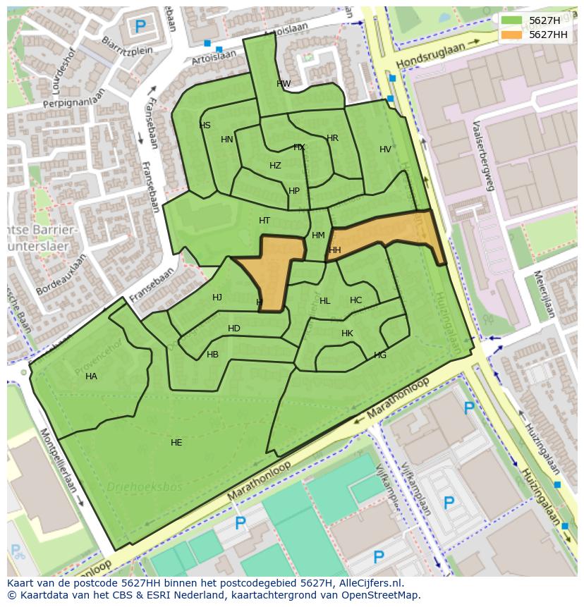 Afbeelding van het postcodegebied 5627 HH op de kaart.