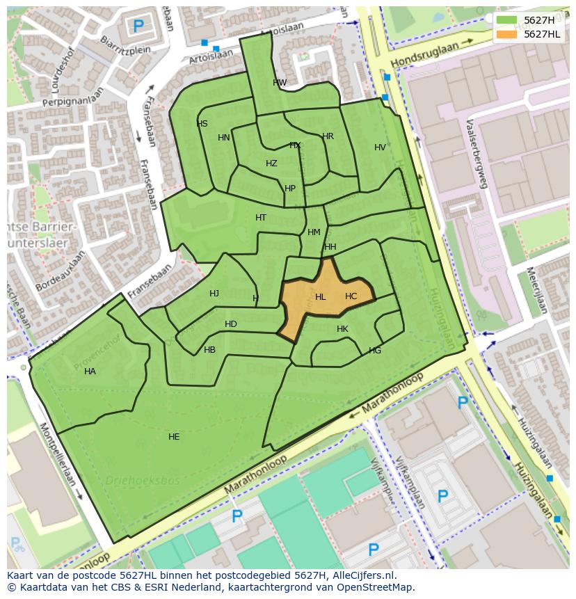 Afbeelding van het postcodegebied 5627 HL op de kaart.