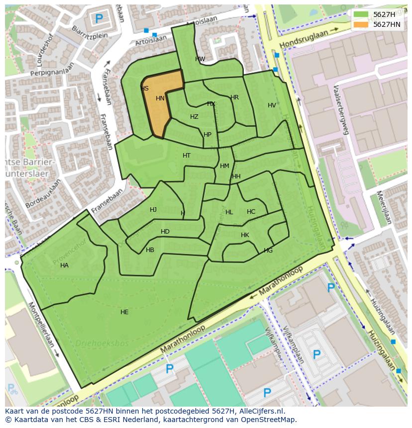 Afbeelding van het postcodegebied 5627 HN op de kaart.