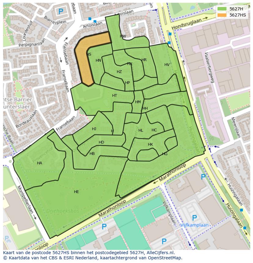 Afbeelding van het postcodegebied 5627 HS op de kaart.