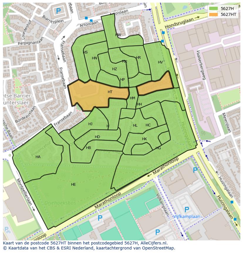Afbeelding van het postcodegebied 5627 HT op de kaart.
