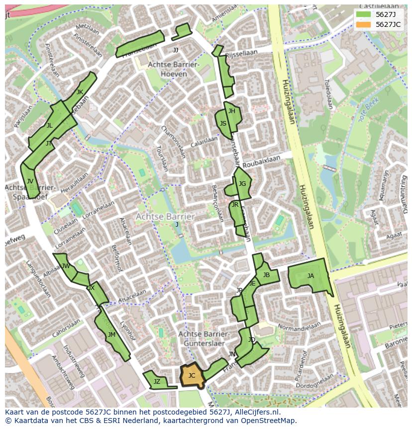 Afbeelding van het postcodegebied 5627 JC op de kaart.