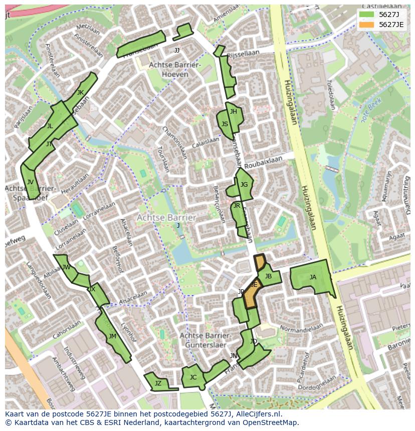 Afbeelding van het postcodegebied 5627 JE op de kaart.