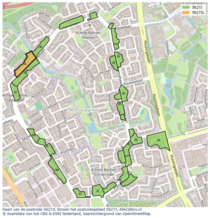 Afbeelding van het postcodegebied 5627 JL op de kaart.