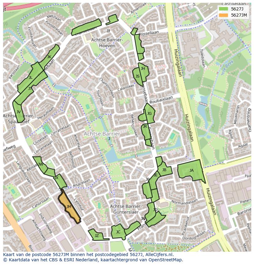 Afbeelding van het postcodegebied 5627 JM op de kaart.